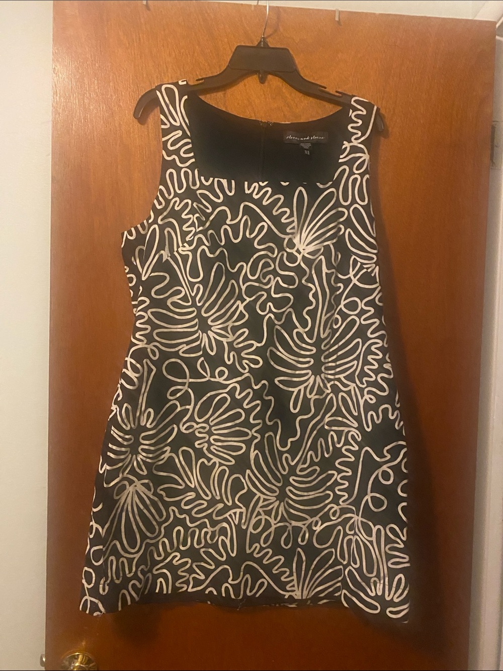 Clover and Sloane Black Mini Dress with White Abstract Floral Scribble, Size 16